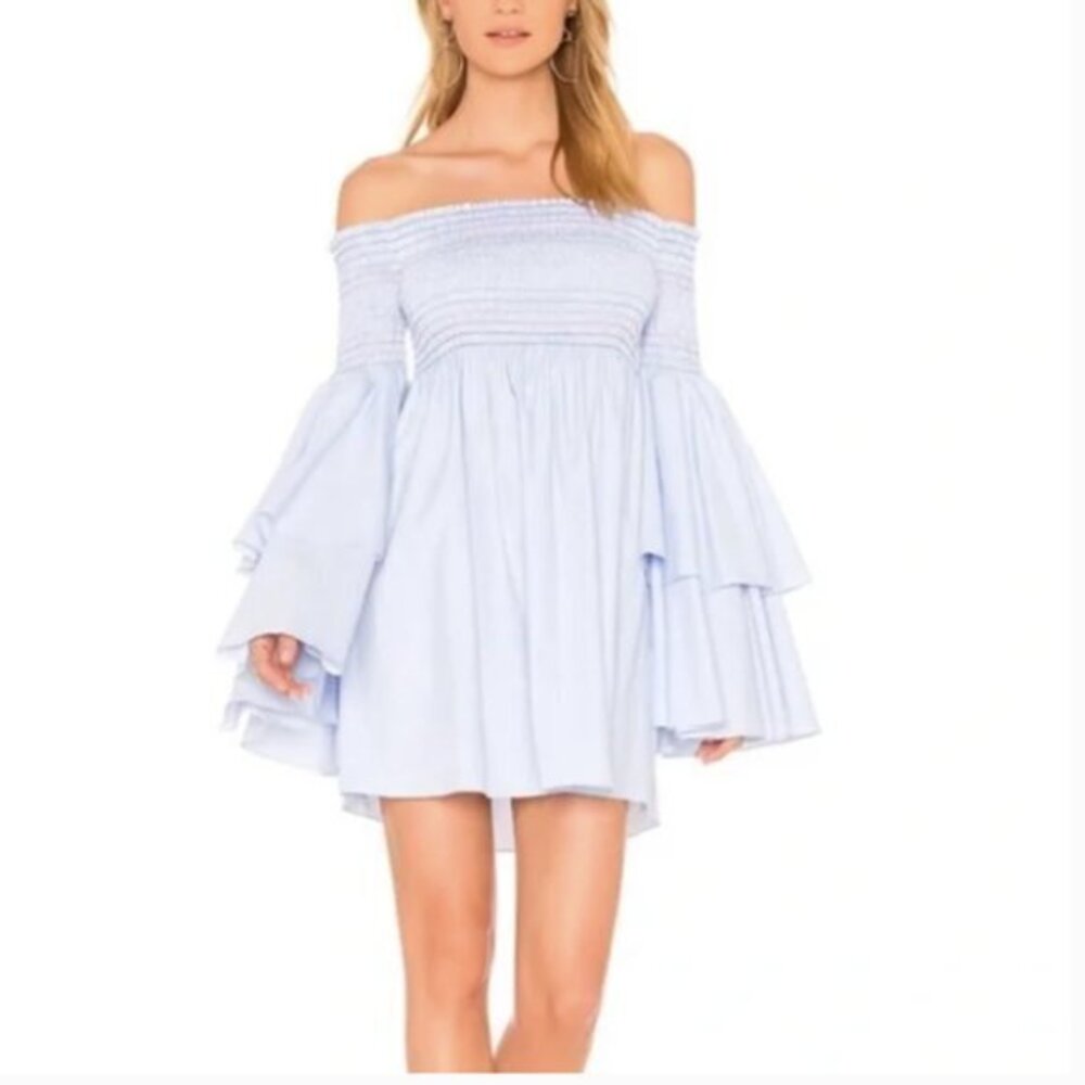 Central Park West x Revolve Smocked Off-the-Shoulder Primrose Mini Dress- Size M